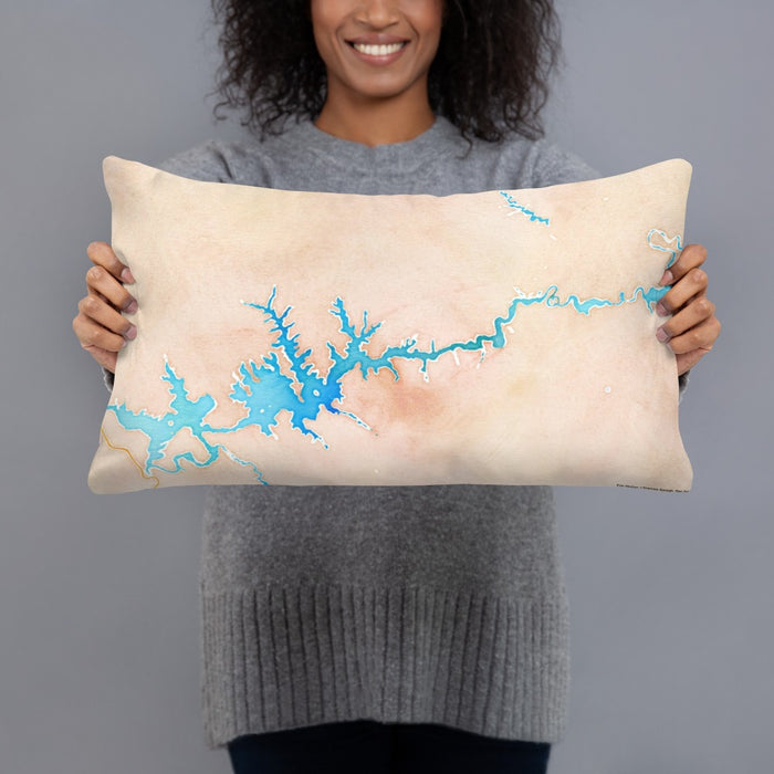 Person holding 20x12 Custom Lake Powell Arizona Map Throw Pillow in Watercolor