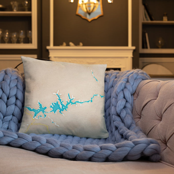 Custom Lake Powell Arizona Map Throw Pillow in Watercolor on Cream Colored Couch