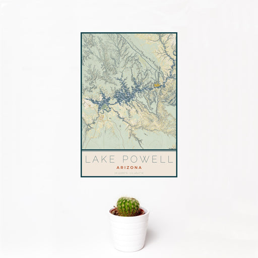12x18 Lake Powell Arizona Map Print Portrait Orientation in Woodblock Style With Small Cactus Plant in White Planter