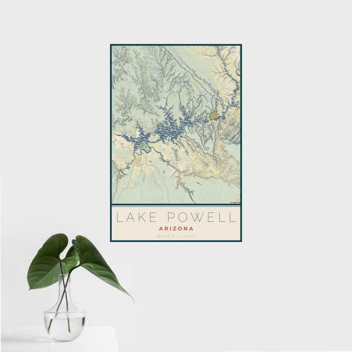 16x24 Lake Powell Arizona Map Print Portrait Orientation in Woodblock Style With Tropical Plant Leaves in Water