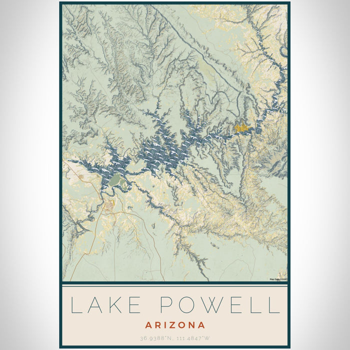 Lake Powell Arizona Map Print Portrait Orientation in Woodblock Style With Shaded Background