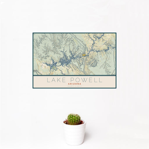 12x18 Lake Powell Arizona Map Print Landscape Orientation in Woodblock Style With Small Cactus Plant in White Planter