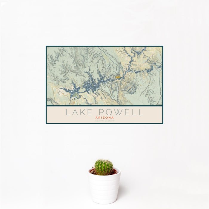 12x18 Lake Powell Arizona Map Print Landscape Orientation in Woodblock Style With Small Cactus Plant in White Planter