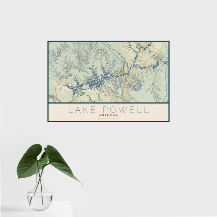 16x24 Lake Powell Arizona Map Print Landscape Orientation in Woodblock Style With Tropical Plant Leaves in Water