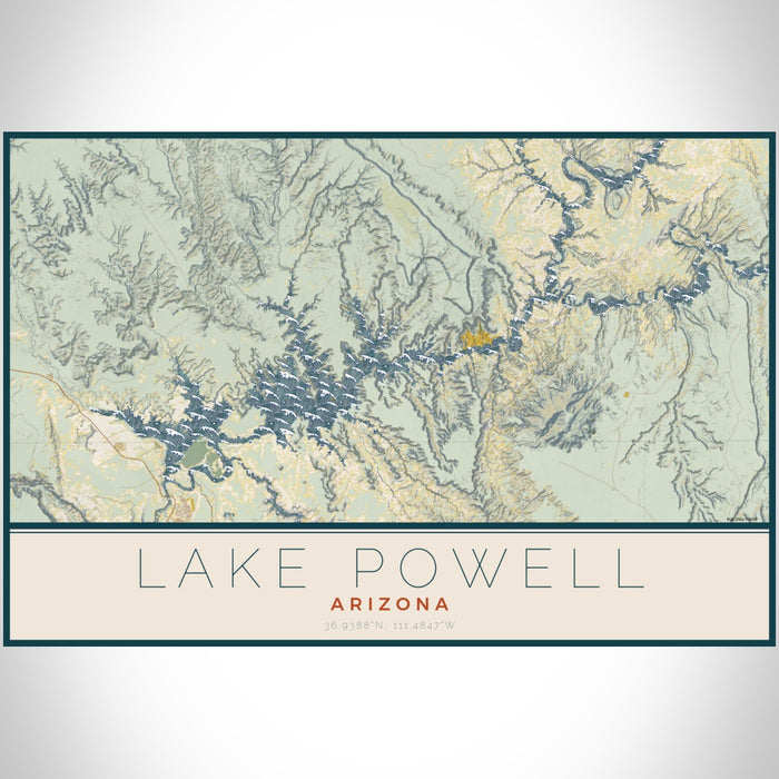 Lake Powell Arizona Map Print Landscape Orientation in Woodblock Style With Shaded Background