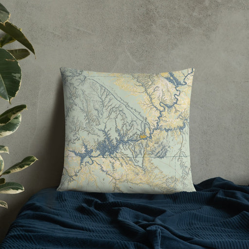 Custom Lake Powell Arizona Map Throw Pillow in Woodblock on Bedding Against Wall