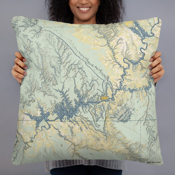 Person holding 22x22 Custom Lake Powell Arizona Map Throw Pillow in Woodblock