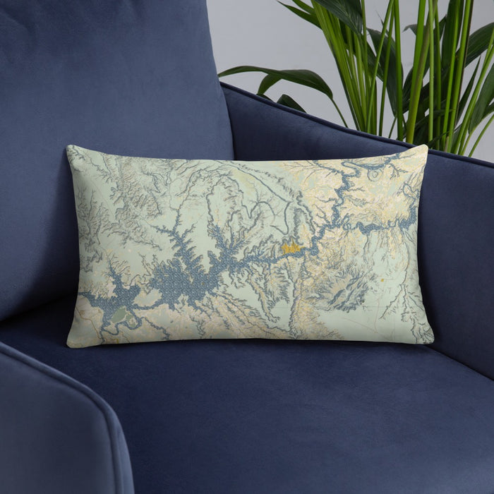 Custom Lake Powell Arizona Map Throw Pillow in Woodblock on Blue Colored Chair