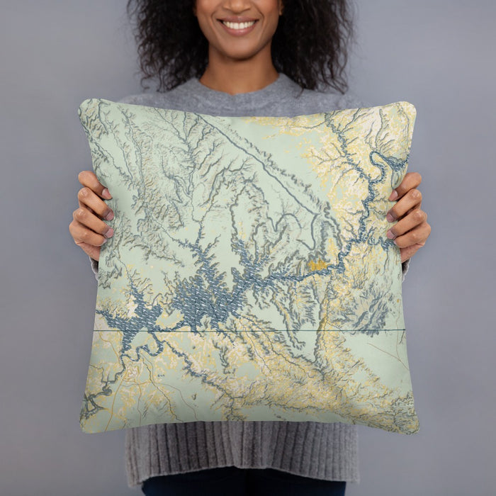 Person holding 18x18 Custom Lake Powell Arizona Map Throw Pillow in Woodblock