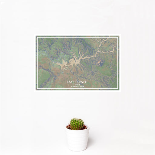 12x18 Lake Powell Utah Map Print Landscape Orientation in Afternoon Style With Small Cactus Plant in White Planter