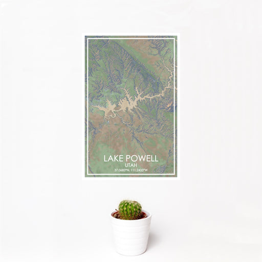 12x18 Lake Powell Utah Map Print Portrait Orientation in Afternoon Style With Small Cactus Plant in White Planter