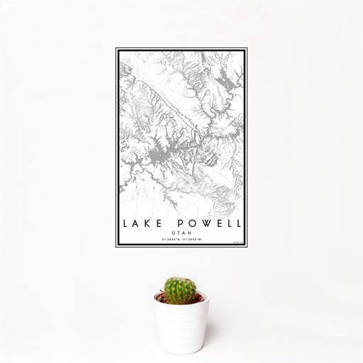 12x18 Lake Powell Utah Map Print Portrait Orientation in Classic Style With Small Cactus Plant in White Planter