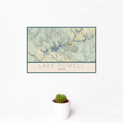 12x18 Lake Powell Utah Map Print Landscape Orientation in Woodblock Style With Small Cactus Plant in White Planter