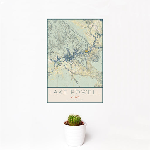 12x18 Lake Powell Utah Map Print Portrait Orientation in Woodblock Style With Small Cactus Plant in White Planter