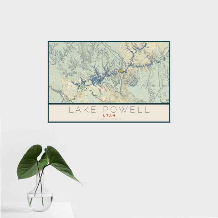 16x24 Lake Powell Utah Map Print Landscape Orientation in Woodblock Style With Tropical Plant Leaves in Water