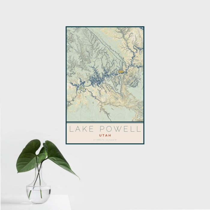 16x24 Lake Powell Utah Map Print Portrait Orientation in Woodblock Style With Tropical Plant Leaves in Water