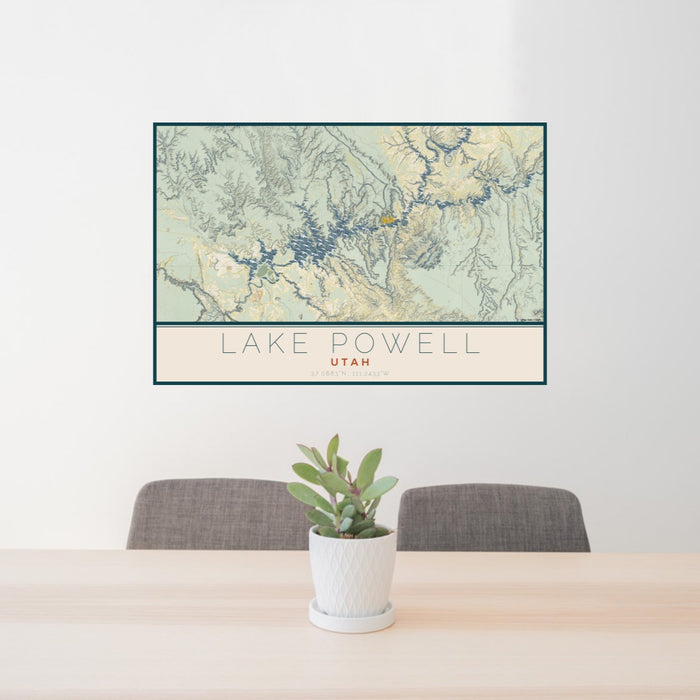 24x36 Lake Powell Utah Map Print Lanscape Orientation in Woodblock Style Behind 2 Chairs Table and Potted Plant