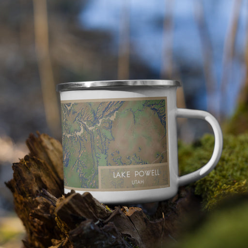 Right View Custom Lake Powell Utah Map Enamel Mug in Afternoon on Grass With Trees in Background