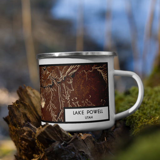 Right View Custom Lake Powell Utah Map Enamel Mug in Ember on Grass With Trees in Background