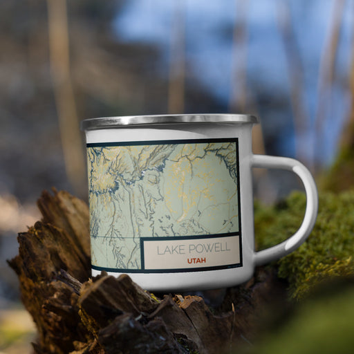 Right View Custom Lake Powell Utah Map Enamel Mug in Woodblock on Grass With Trees in Background