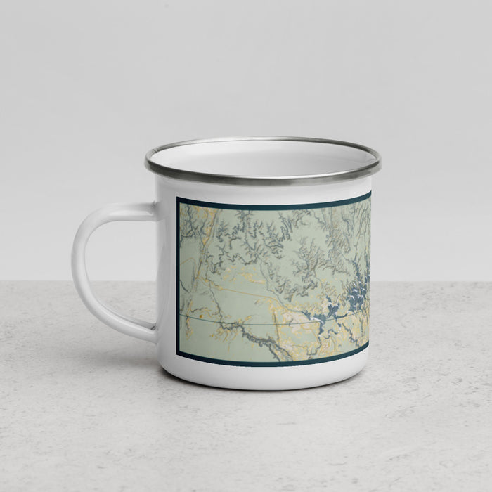 Left View Custom Lake Powell Utah Map Enamel Mug in Woodblock