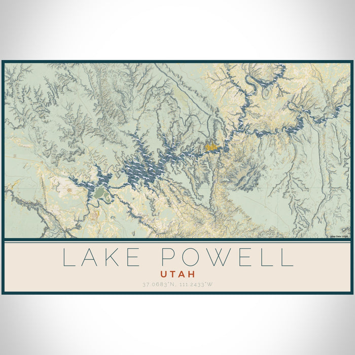 Lake Powell Utah Map Print Landscape Orientation in Woodblock Style With Shaded Background