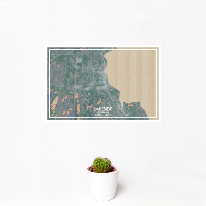 12x18 Lakeside Montana Map Print Landscape Orientation in Afternoon Style With Small Cactus Plant in White Planter