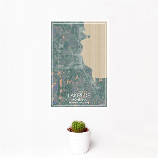 12x18 Lakeside Montana Map Print Portrait Orientation in Afternoon Style With Small Cactus Plant in White Planter