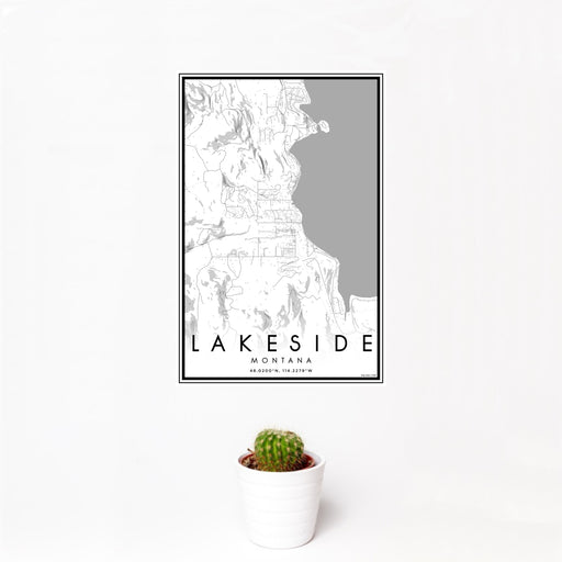 12x18 Lakeside Montana Map Print Portrait Orientation in Classic Style With Small Cactus Plant in White Planter
