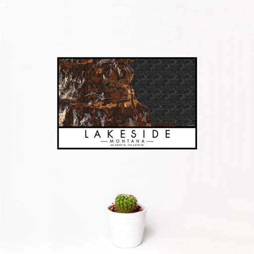12x18 Lakeside Montana Map Print Landscape Orientation in Ember Style With Small Cactus Plant in White Planter