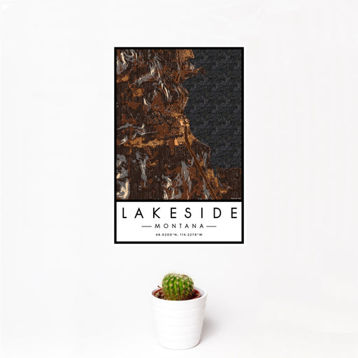 12x18 Lakeside Montana Map Print Portrait Orientation in Ember Style With Small Cactus Plant in White Planter