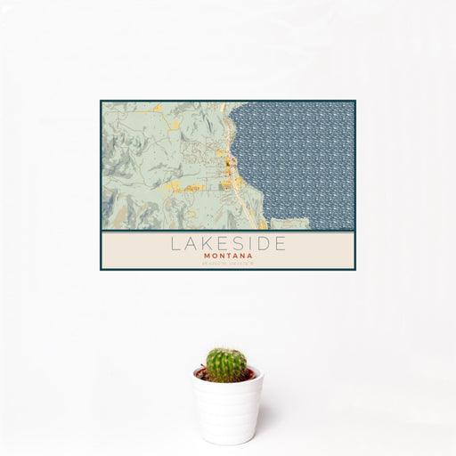 12x18 Lakeside Montana Map Print Landscape Orientation in Woodblock Style With Small Cactus Plant in White Planter