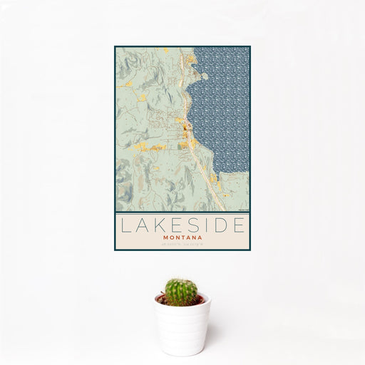 12x18 Lakeside Montana Map Print Portrait Orientation in Woodblock Style With Small Cactus Plant in White Planter