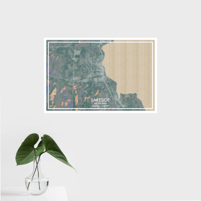 16x24 Lakeside Montana Map Print Landscape Orientation in Afternoon Style With Tropical Plant Leaves in Water