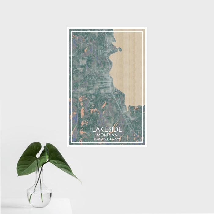 16x24 Lakeside Montana Map Print Portrait Orientation in Afternoon Style With Tropical Plant Leaves in Water