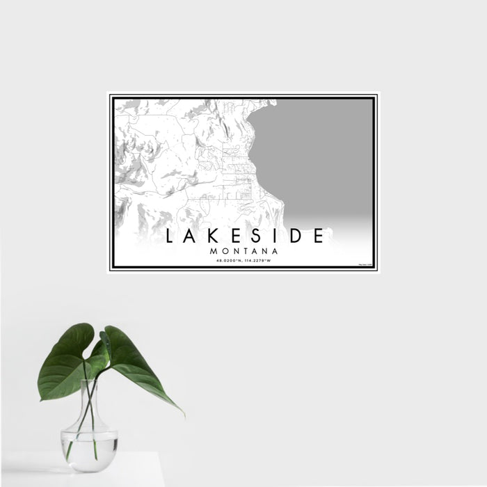 16x24 Lakeside Montana Map Print Landscape Orientation in Classic Style With Tropical Plant Leaves in Water