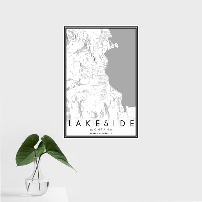 16x24 Lakeside Montana Map Print Portrait Orientation in Classic Style With Tropical Plant Leaves in Water