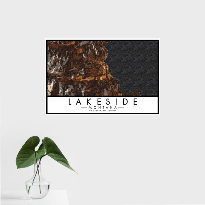 16x24 Lakeside Montana Map Print Landscape Orientation in Ember Style With Tropical Plant Leaves in Water