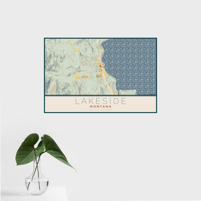 16x24 Lakeside Montana Map Print Landscape Orientation in Woodblock Style With Tropical Plant Leaves in Water
