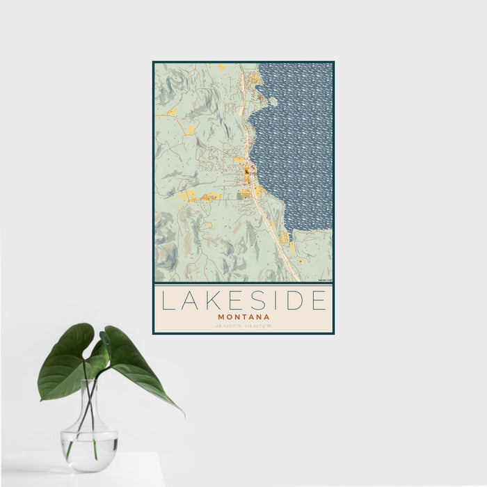 16x24 Lakeside Montana Map Print Portrait Orientation in Woodblock Style With Tropical Plant Leaves in Water