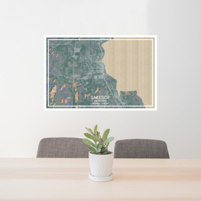24x36 Lakeside Montana Map Print Lanscape Orientation in Afternoon Style Behind 2 Chairs Table and Potted Plant