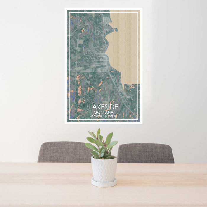 24x36 Lakeside Montana Map Print Portrait Orientation in Afternoon Style Behind 2 Chairs Table and Potted Plant
