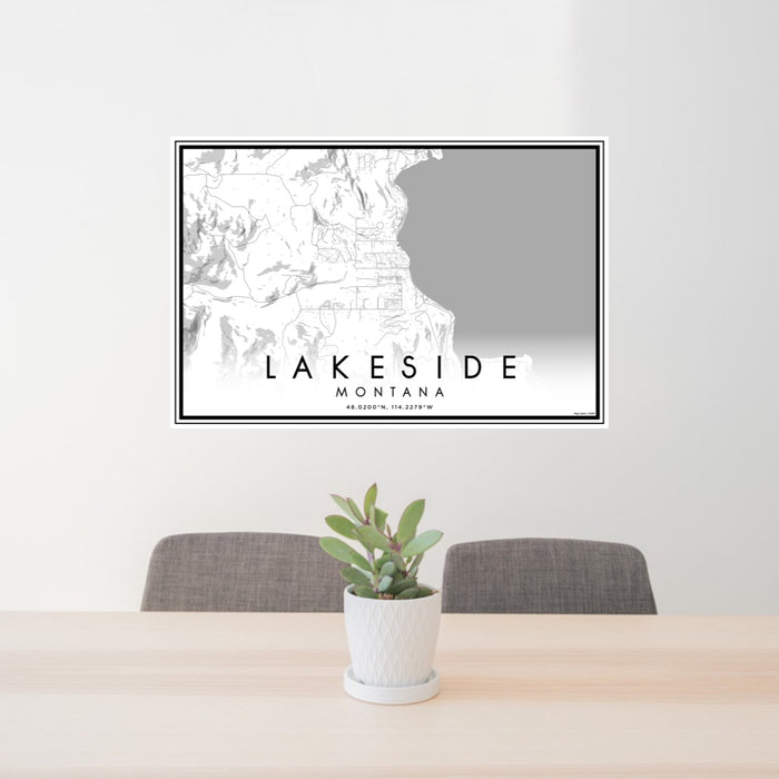 24x36 Lakeside Montana Map Print Lanscape Orientation in Classic Style Behind 2 Chairs Table and Potted Plant