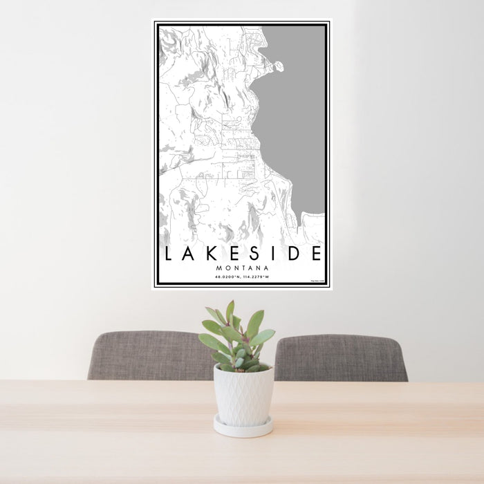 24x36 Lakeside Montana Map Print Portrait Orientation in Classic Style Behind 2 Chairs Table and Potted Plant