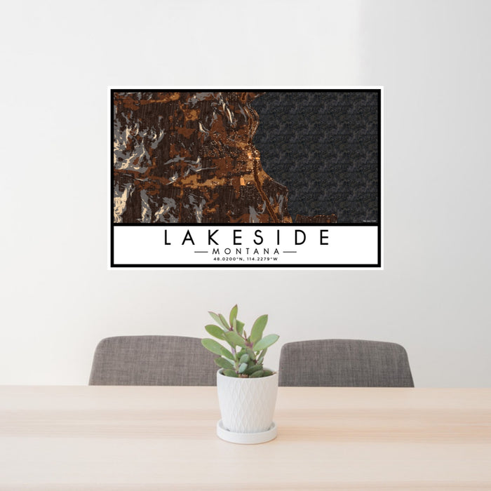 24x36 Lakeside Montana Map Print Lanscape Orientation in Ember Style Behind 2 Chairs Table and Potted Plant