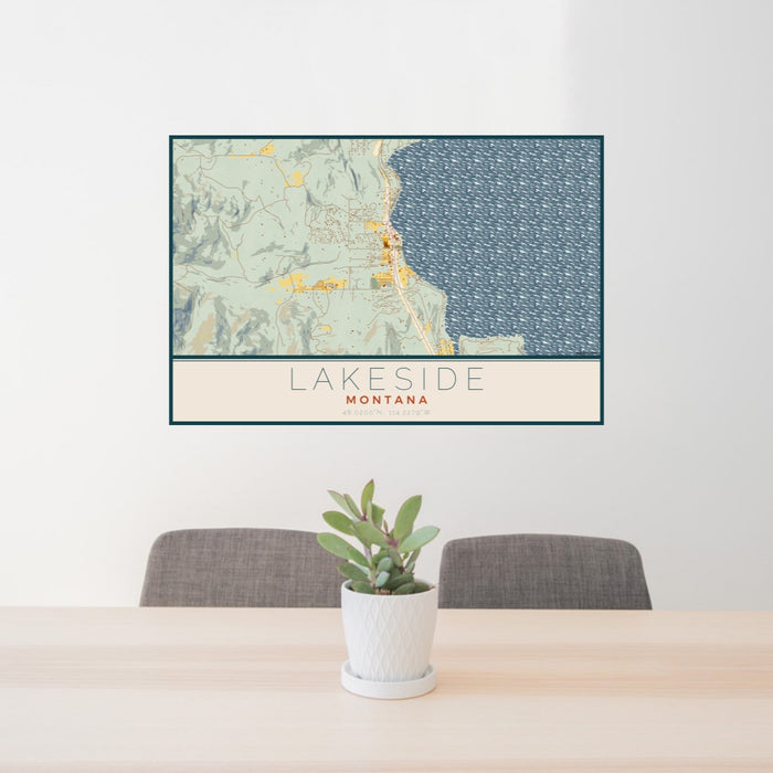 24x36 Lakeside Montana Map Print Lanscape Orientation in Woodblock Style Behind 2 Chairs Table and Potted Plant