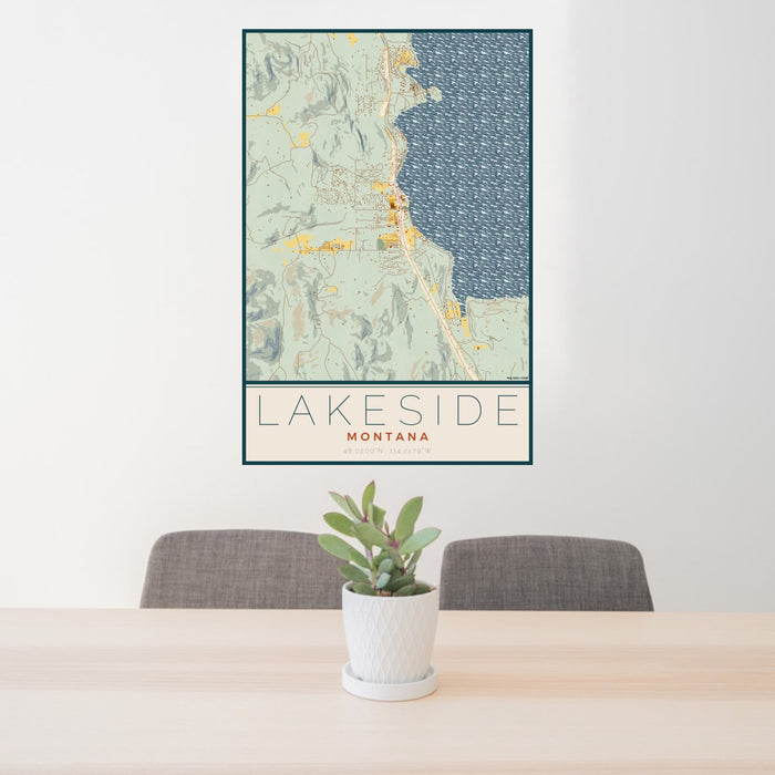 24x36 Lakeside Montana Map Print Portrait Orientation in Woodblock Style Behind 2 Chairs Table and Potted Plant