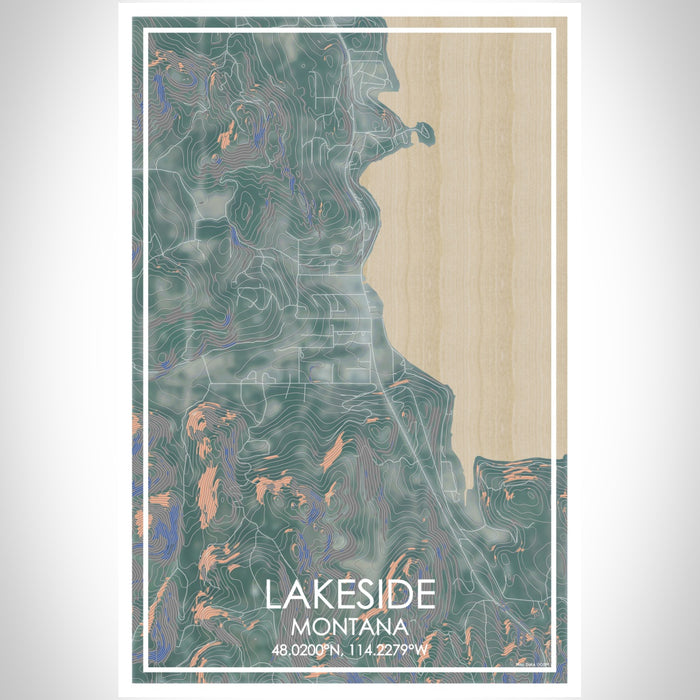Lakeside Montana Map Print Portrait Orientation in Afternoon Style With Shaded Background