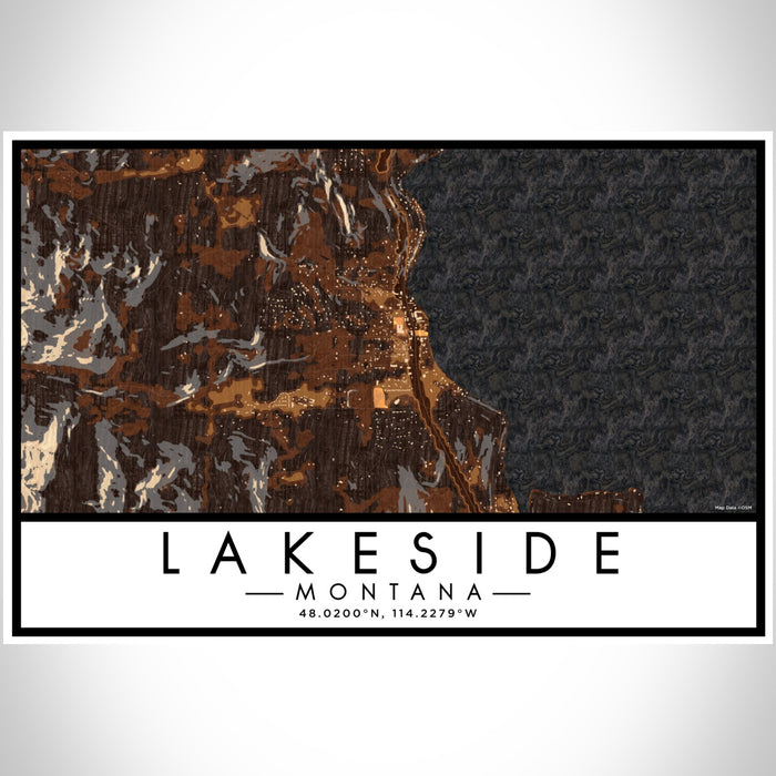 Lakeside Montana Map Print Landscape Orientation in Ember Style With Shaded Background