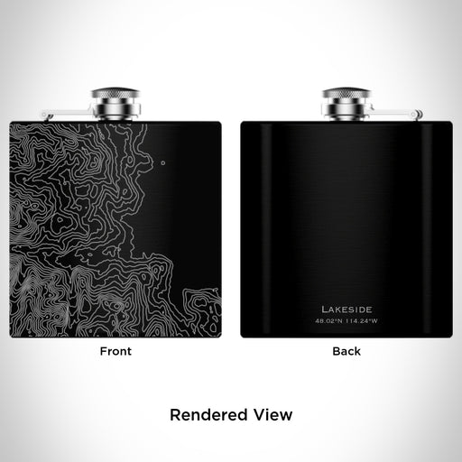 Rendered View of Lakeside Montana Map Engraving on 6oz Stainless Steel Flask in Black